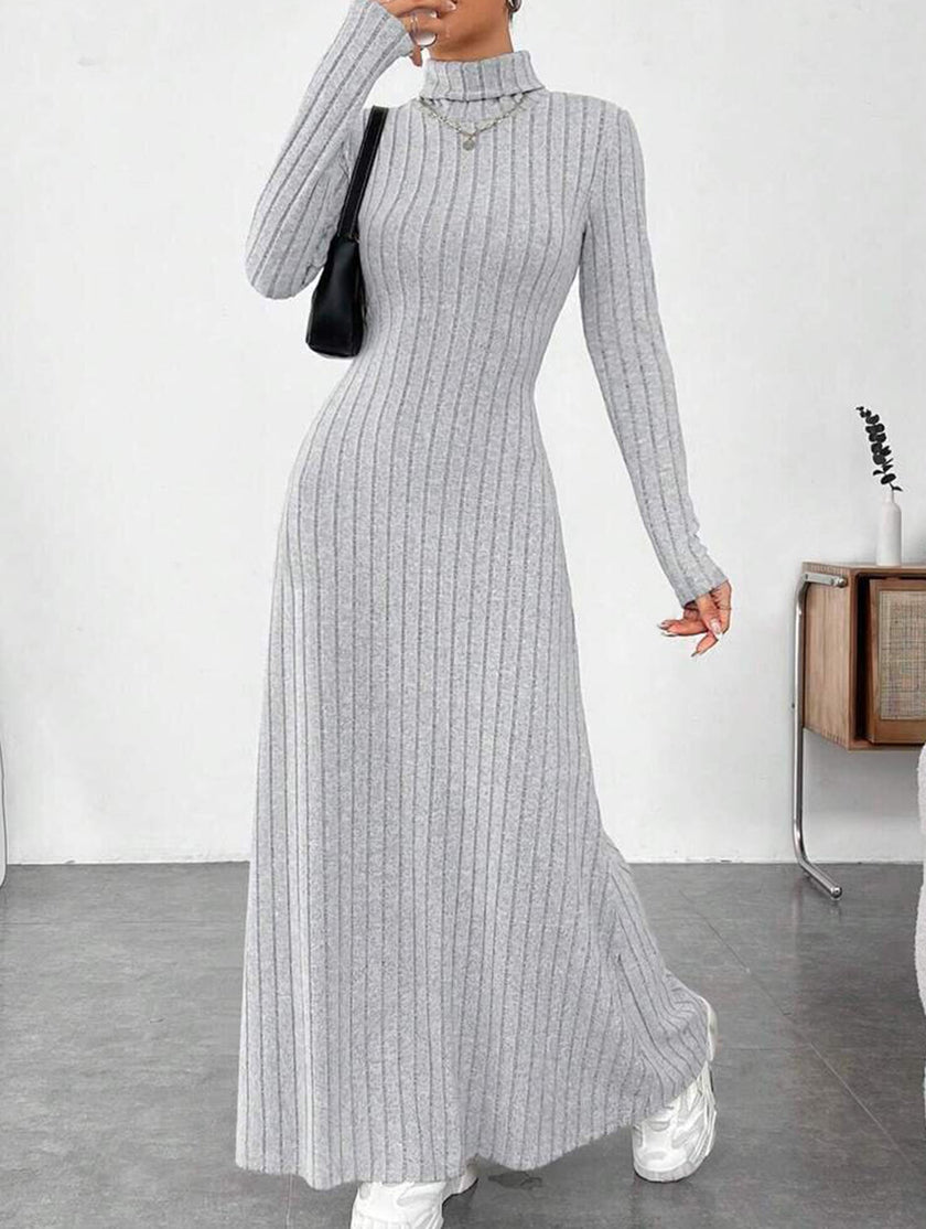 FJØRNA solid light grey ribbed long-sleeved brushed dress, casual style, close-up of fabric and fit.