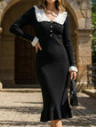 Black retro ruffled knit dress by FJØRNA, featuring a fitted silhouette and vintage-inspired design.