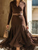 FJØRNA solid color patchwork collar long-sleeved white dress with brown accents, stylish and comfortable for versatile wear.