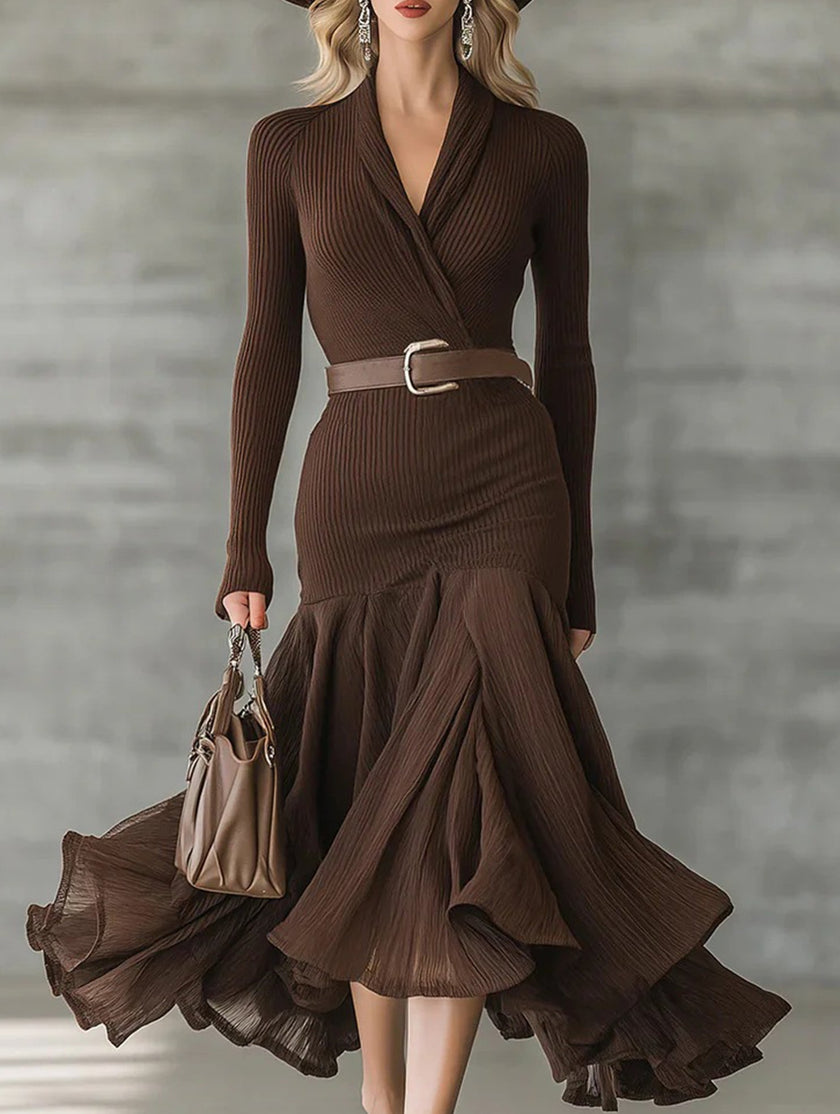 FJØRNA solid color patchwork collar long-sleeved white dress with brown accents, featuring a stylish design and classic silhouette.