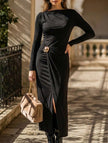 Black patchwork mesh dress with metal buckle detail by FJØRNA, featuring a stylish and contemporary design.
