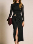 Black FJØRNA patchwork mesh dress with metal buckle detail, showcasing a stylish and contemporary design.