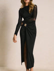 Black FJØRNA patchwork mesh dress with metal buckle detailing, stylish and modern for fashionable occasions.