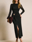 Black FJØRNA patchwork mesh dress with metal buckle details, featuring a stylish and modern design.