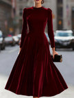 FJØRNA velvet round neck long-sleeved white dress, elegant and soft fabric, shown from the front view.