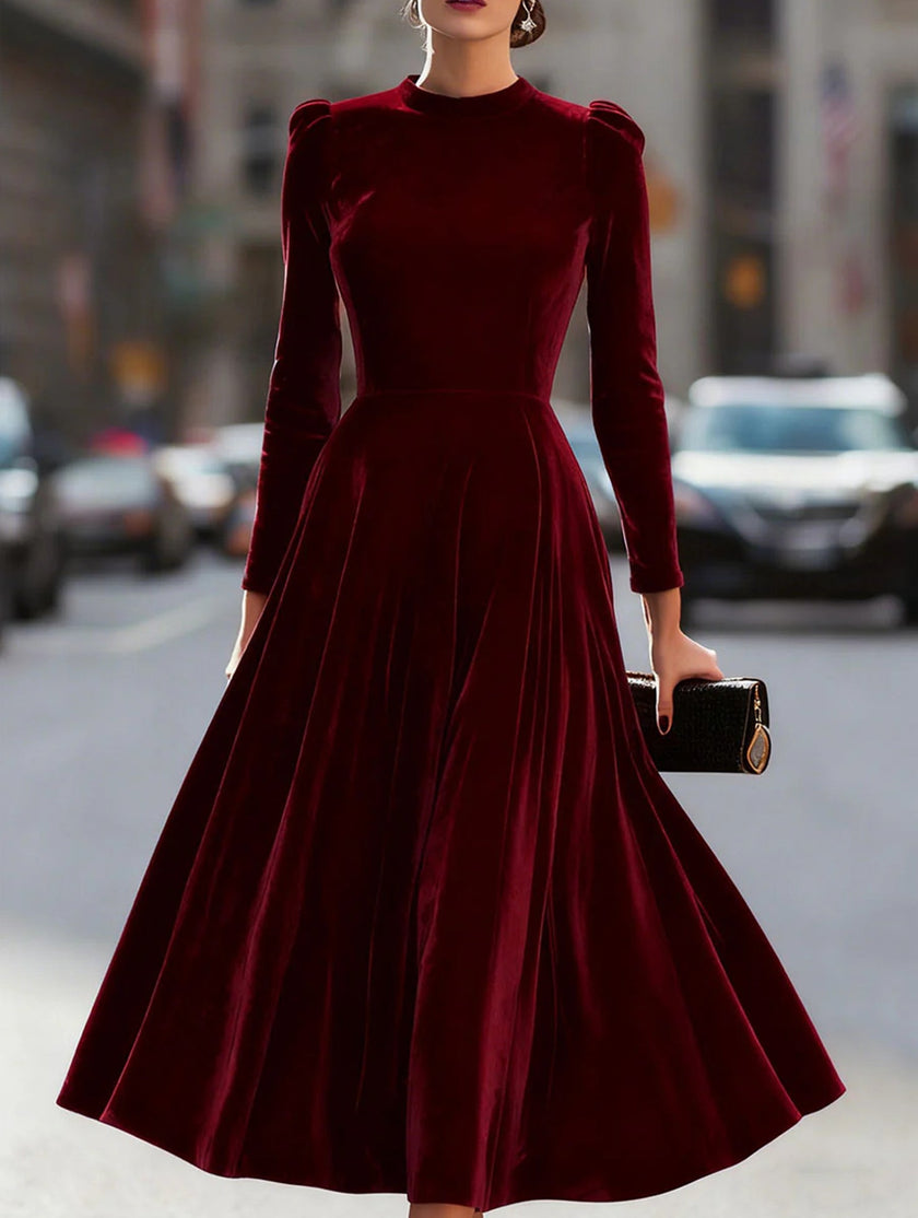 FJØRNA velvet round neck long-sleeved white dress, elegant and soft fabric, shown from the front view.