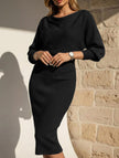 FJØRNA elegant slim fit white knit dress, showcasing a sleek, modern design with long sleeves and a fitted silhouette.