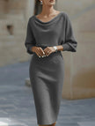 FJØRNA elegant slim fit knit dress in white, showcasing a stylish, form-fitting design with long sleeves and a round neckline.