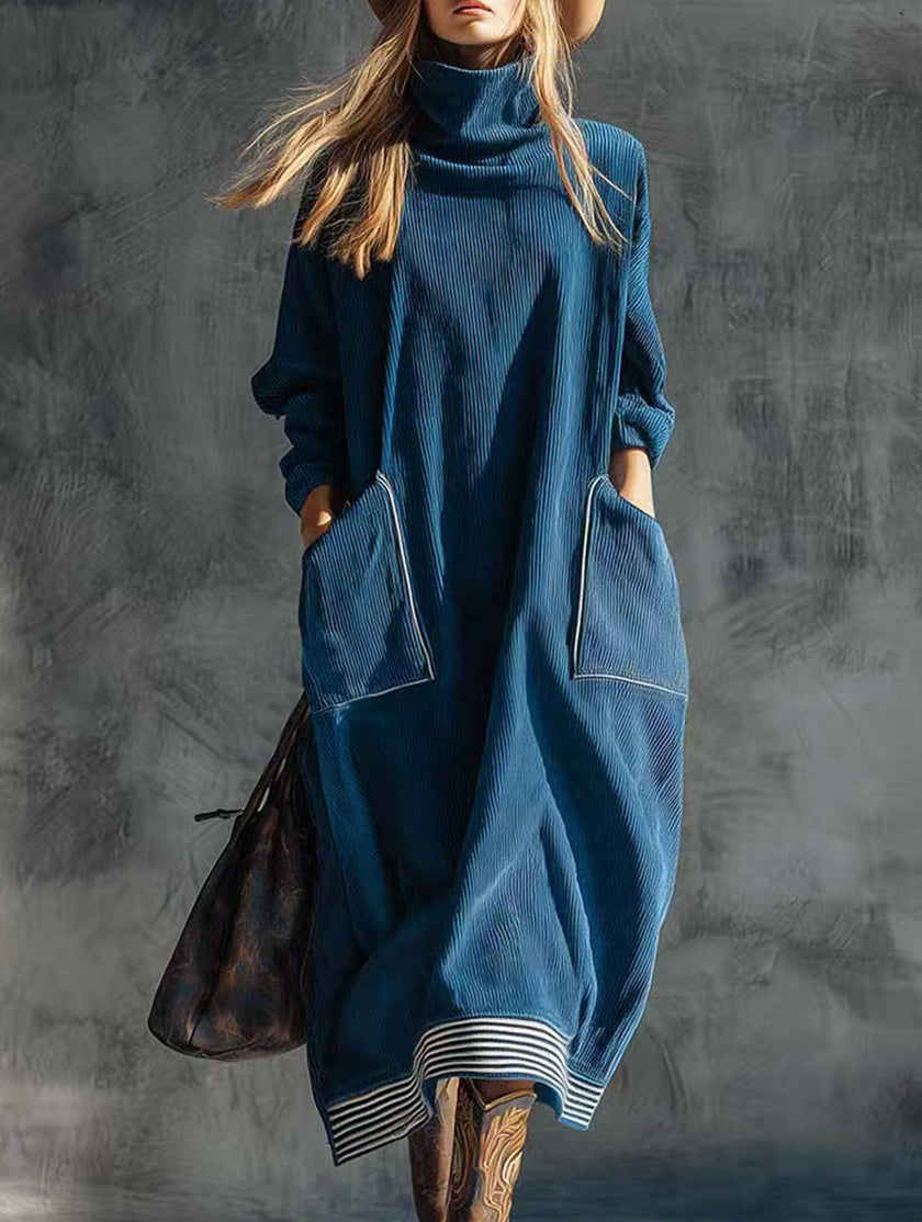FJØRNA navy blue turtleneck dress with relaxed fit, long sleeves, and knee-length silhouette, displayed on a mannequin.