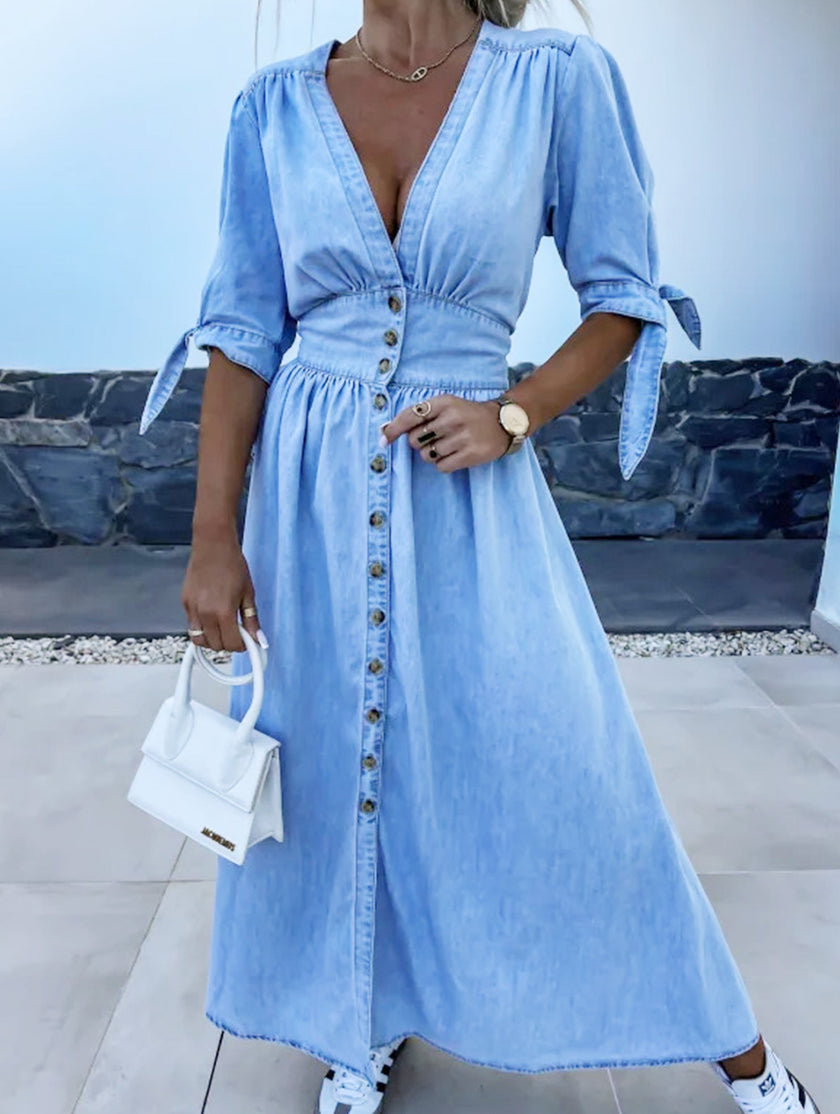 Blue FJØRNA deep V-neck fitted shirt dress, stylish and elegant, featuring a tailored silhouette and crisp fabric.