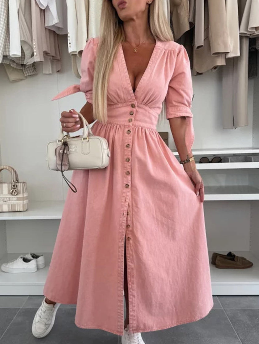 White FJØRNA deep V-neck fitted shirt dress, stylish and chic, shown on a model with long sleeves and a tailored silhouette.