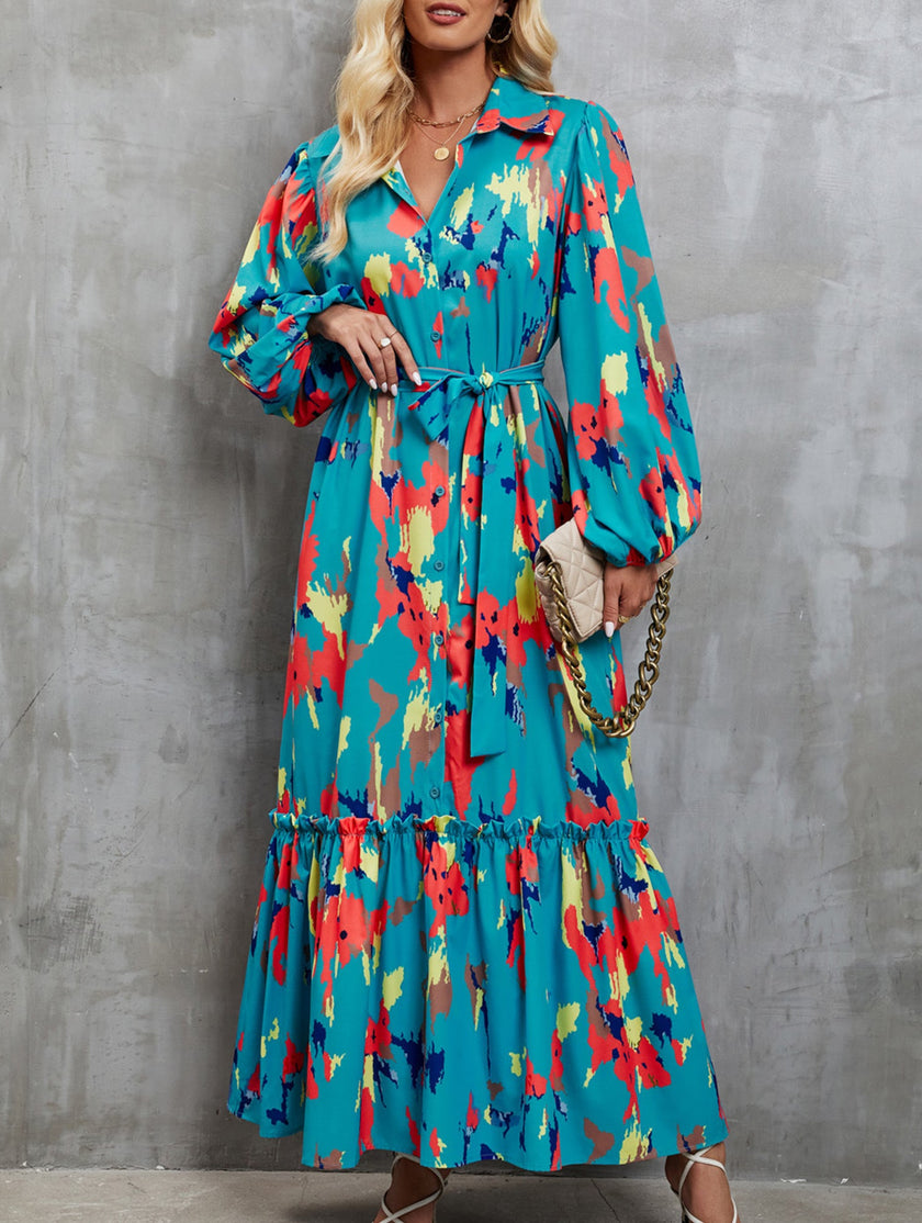 FJØRNA printed white tie-waist lantern sleeve dress with floral pattern, stylish and elegant for casual or formal occasions.