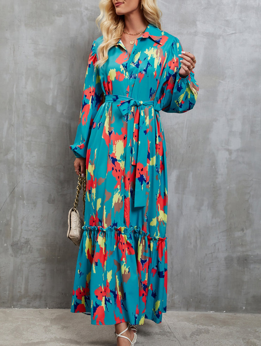FJØRNA printed tie-waist lantern sleeve dress in white, featuring a stylish silhouette and elegant design for casual or formal wear.