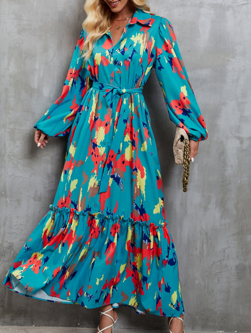 FJØRNA printed tie-waist lantern sleeve white dress, elegant lightweight dress with floral pattern and billowy sleeves.