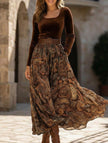 FJØRNA white retro-style printed belt dress with full skirt, featuring vintage-inspired design and elegant silhouette.