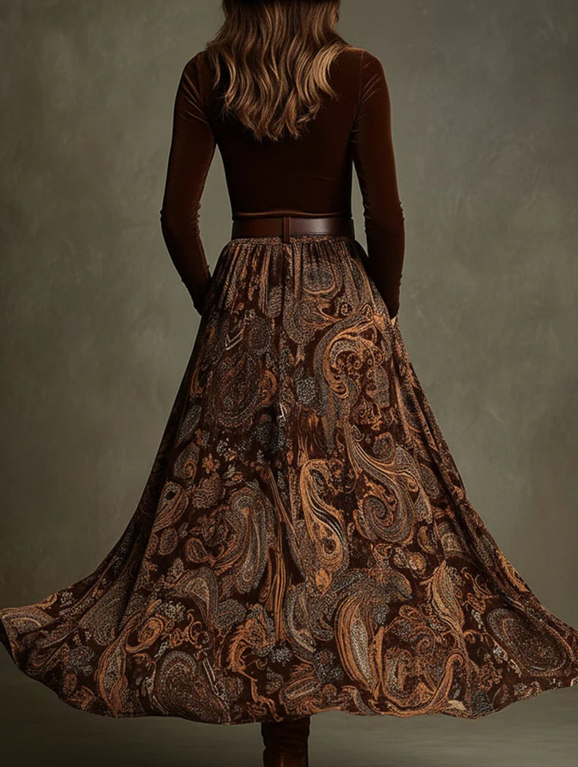 FJØRNA retro-style printed belt dress with full skirt, featuring a white background and vintage-inspired design.