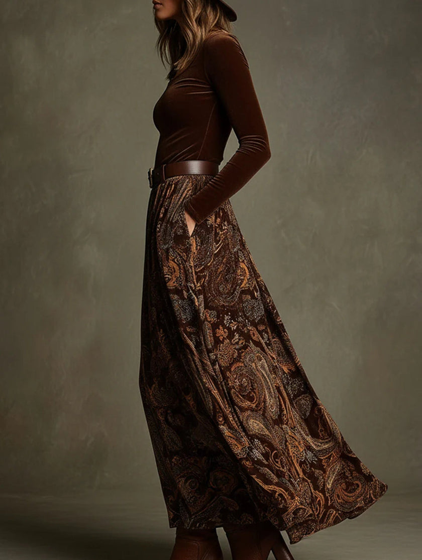 FJØRNA retro-style printed belt dress with full skirt, white dress, featuring vintage-inspired design and feminine silhouette.