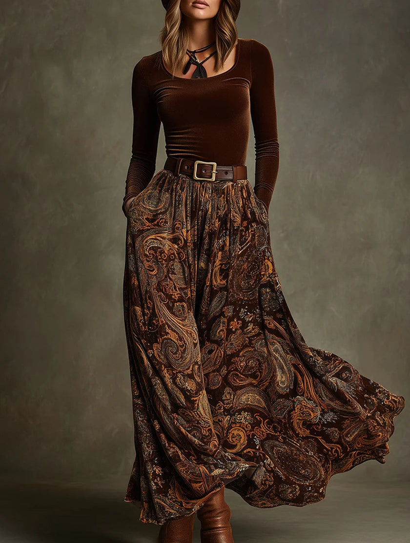 FJØRNA retro-style printed belt dress with full skirt, white color, showcasing vintage-inspired design and cinched waist.