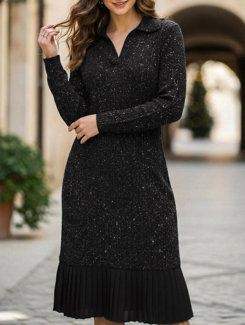 Black FJØRNA casual long-sleeved polo collar dress, suitable for wedding or casual occasions, shown on a hanger.