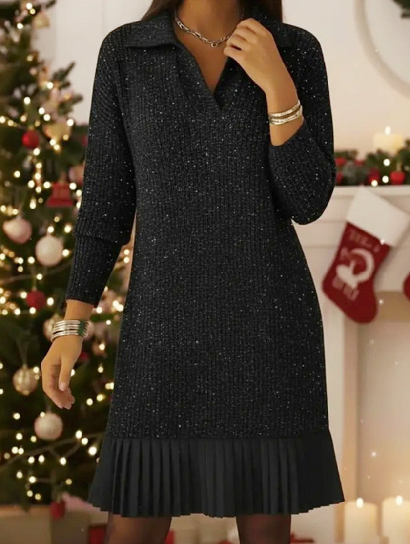 Black casual long-sleeved polo collar dress by FJØRNA, perfect for casual or wedding occasions, shown on a model.