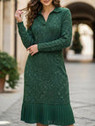 FJØRNA casual long-sleeved polo collar dress in green, perfect for casual wear or wedding occasions, showcased on a model.