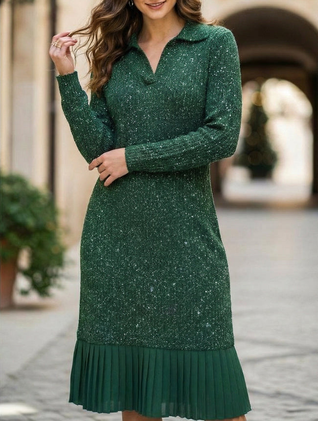 FJØRNA casual long-sleeved polo collar dress in green, perfect for casual wear or wedding occasions, showcased on a model.