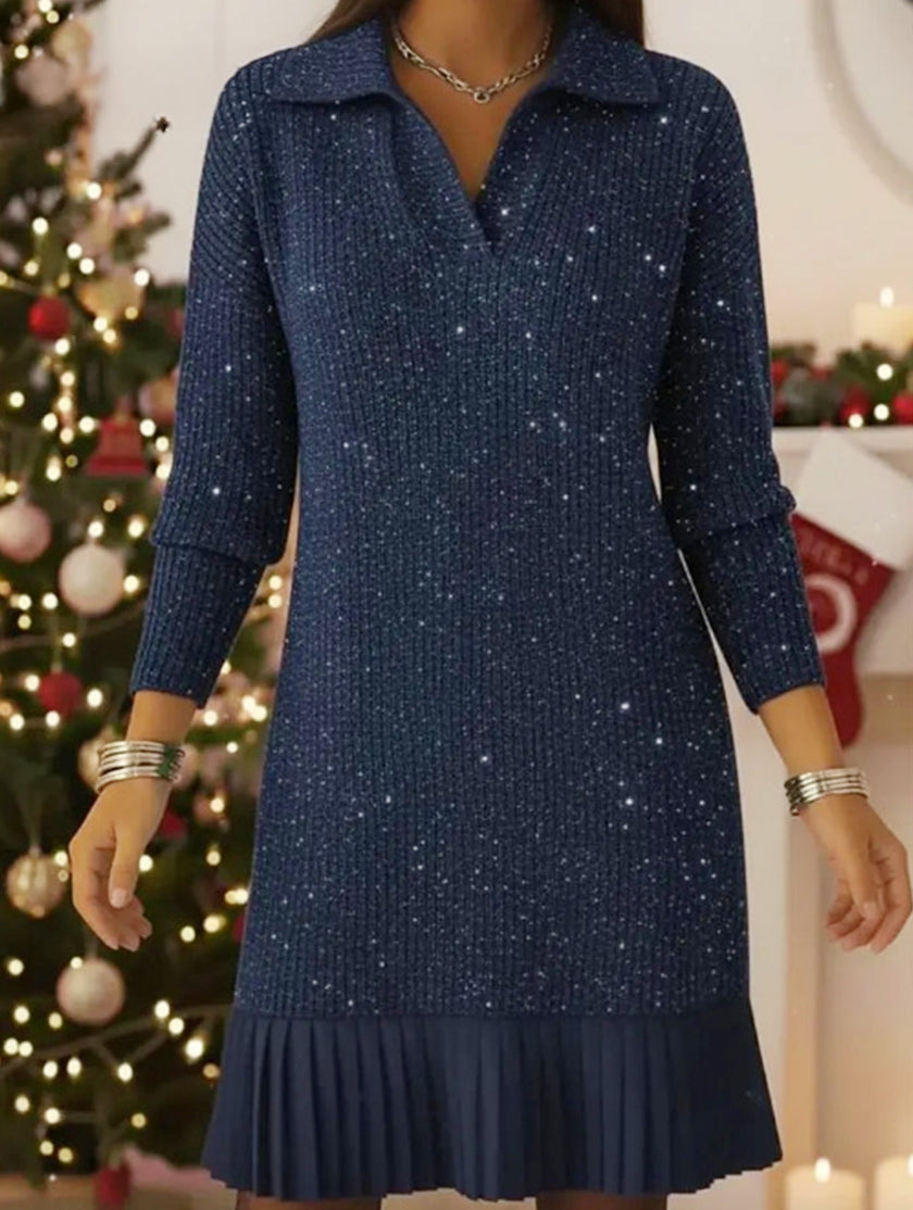 Navy casual long-sleeved polo collar dress by FJØRNA, stylish wedding dress with a relaxed fit and elegant design.