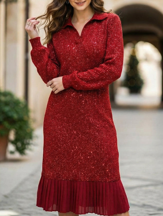 FJØRNA casual long-sleeved wine-colored polo collar dress, perfect for casual or wedding occasions, shown on a model.