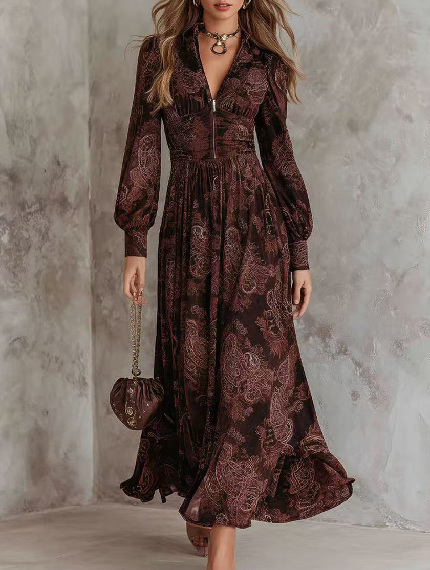 FJØRNA white retro long-sleeved V-neck fitted waist dress shown on a model, highlighting the classic style and tailored fit.