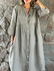 Gray solid cotton linen maxi dress by FJØRNA featuring button details and a flowing silhouette.