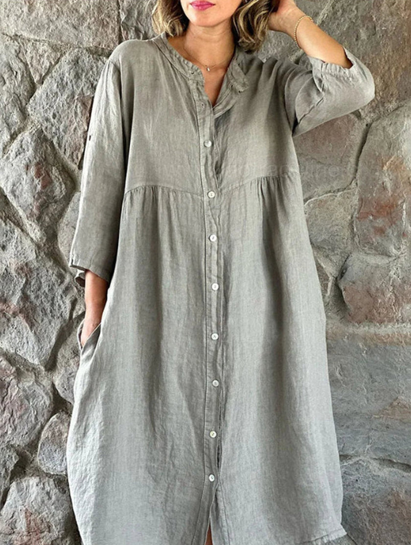 Gray solid cotton linen maxi dress by FJØRNA featuring button details and a flowing silhouette.