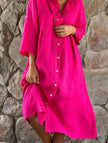 White FJØRNA cotton linen button maxi dress with solid color, flowing fabric, and a relaxed fit, suitable for casual wear.