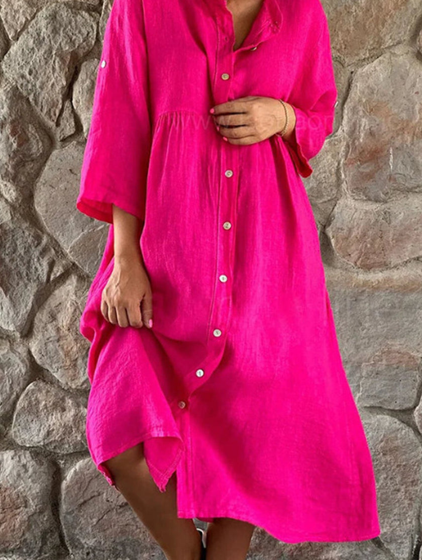 White FJØRNA cotton linen button maxi dress with solid color, flowing fabric, and a relaxed fit, suitable for casual wear.