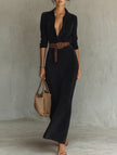 FJØRNA suede long dress with fitted waist and belt, in white, showcasing elegant design and flowing silhouette.