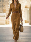 White suede FJØRNA long dress with a fitted waist and matching belt, shown on a model.