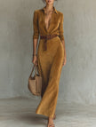 FJØRNA suede long white dress with fitted waist and belt, featuring a sleek, elegant design and soft fabric.