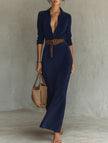 FJØRNA navy suede long dress with fitted waist and belt, elegant and stylish for formal or casual occasions.