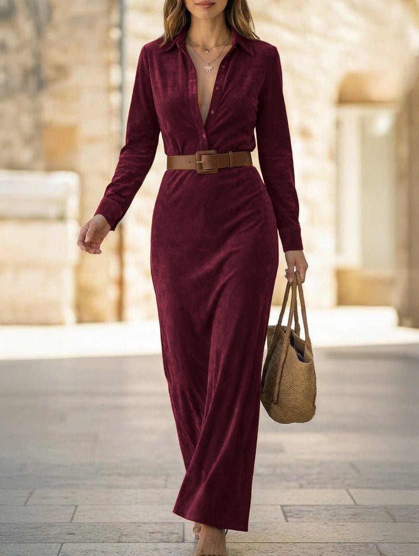 FJØRNA suede long dress in white with fitted waist and belt, elegant and stylish for special occasions.