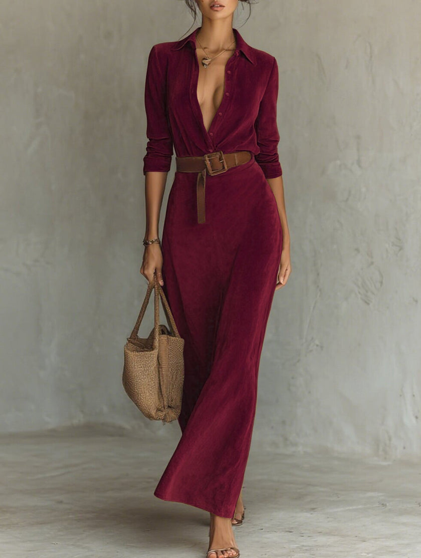 FJØRNA white suede long dress with fitted waist and matching belt, elegant and stylish for sophisticated occasions.