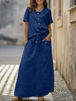 Dark blue FJØRNA casual solid color loose dress for women, perfect for everyday wear or casual occasions.