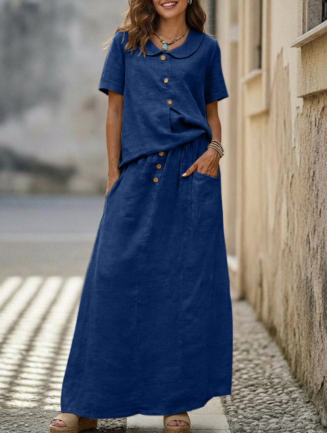 Dark blue FJØRNA casual solid color loose dress for women, perfect for everyday wear or casual occasions.