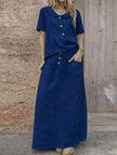 Dark blue FJØRNA casual loose dress for women, solid color wedding or everyday wear, flowing and comfortable style.