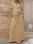 FJØRNA casual khaki loose dress for women, solid color, ideal for casual wear or wedding events, shown on a model.