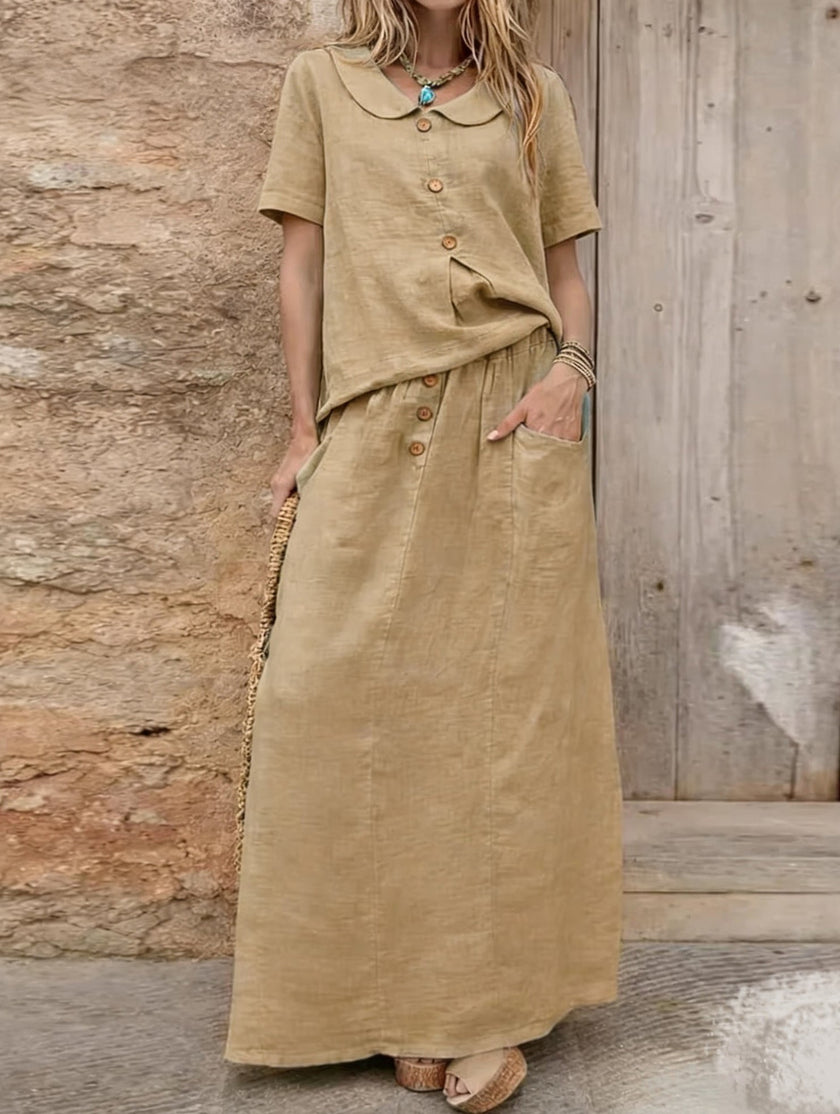 FJØRNA casual khaki loose dress for women, solid color, ideal for casual wear or wedding events, shown on a model.