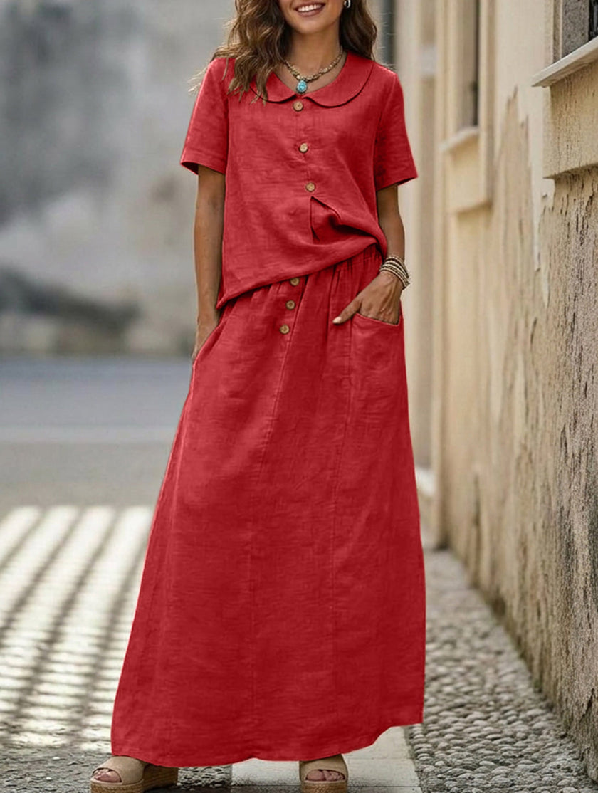 Red FJØRNA casual loose dress for women, solid color wedding dress with relaxed fit and simple style.