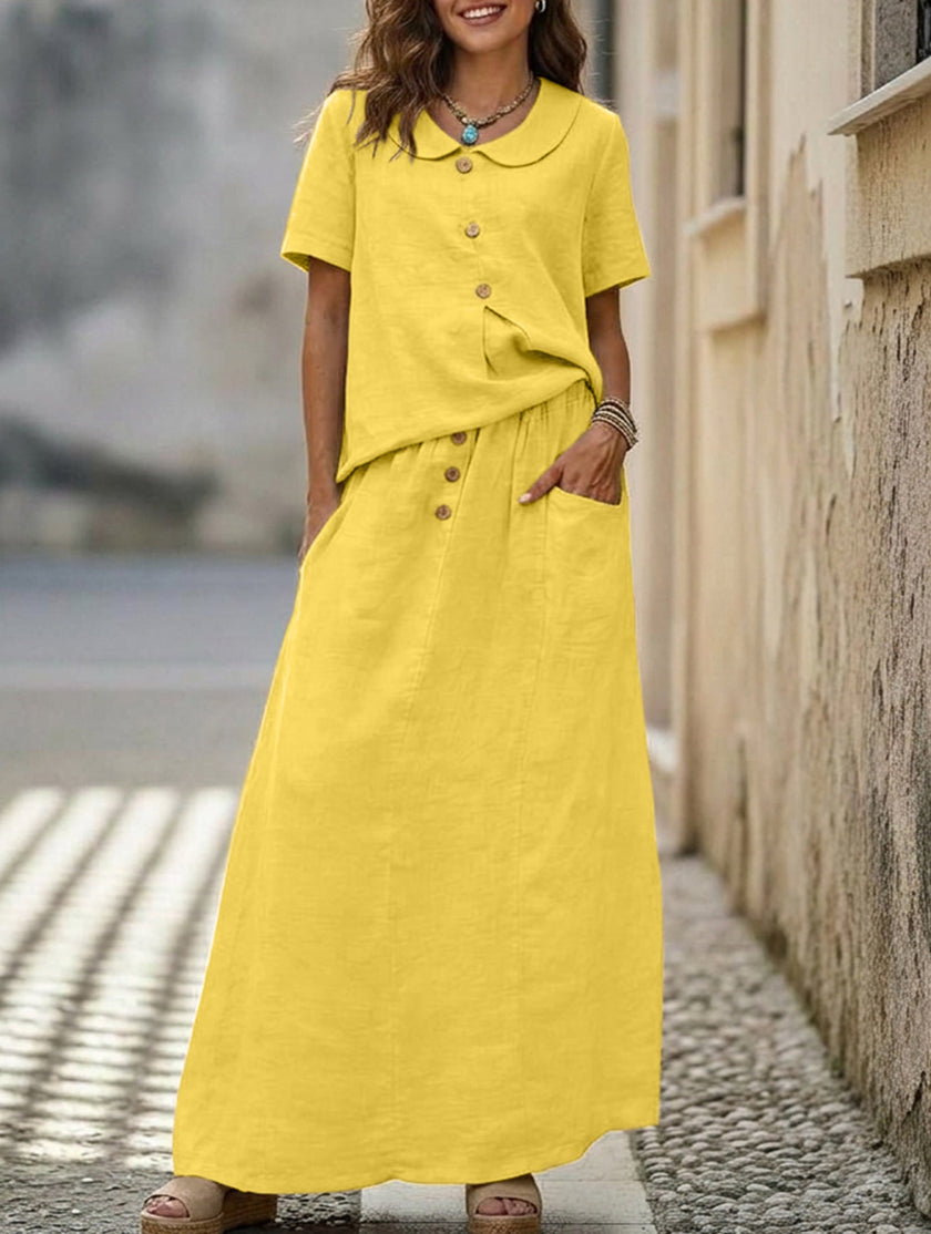 Yellow FJØRNA casual solid color loose dress for women, perfect for weddings and everyday wear, shown on a model.