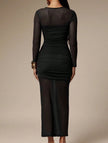 FJØRNA mesh patchwork ruched black maxi dress with fitted bodycon silhouette and elegant design, perfect for formal occasions.
