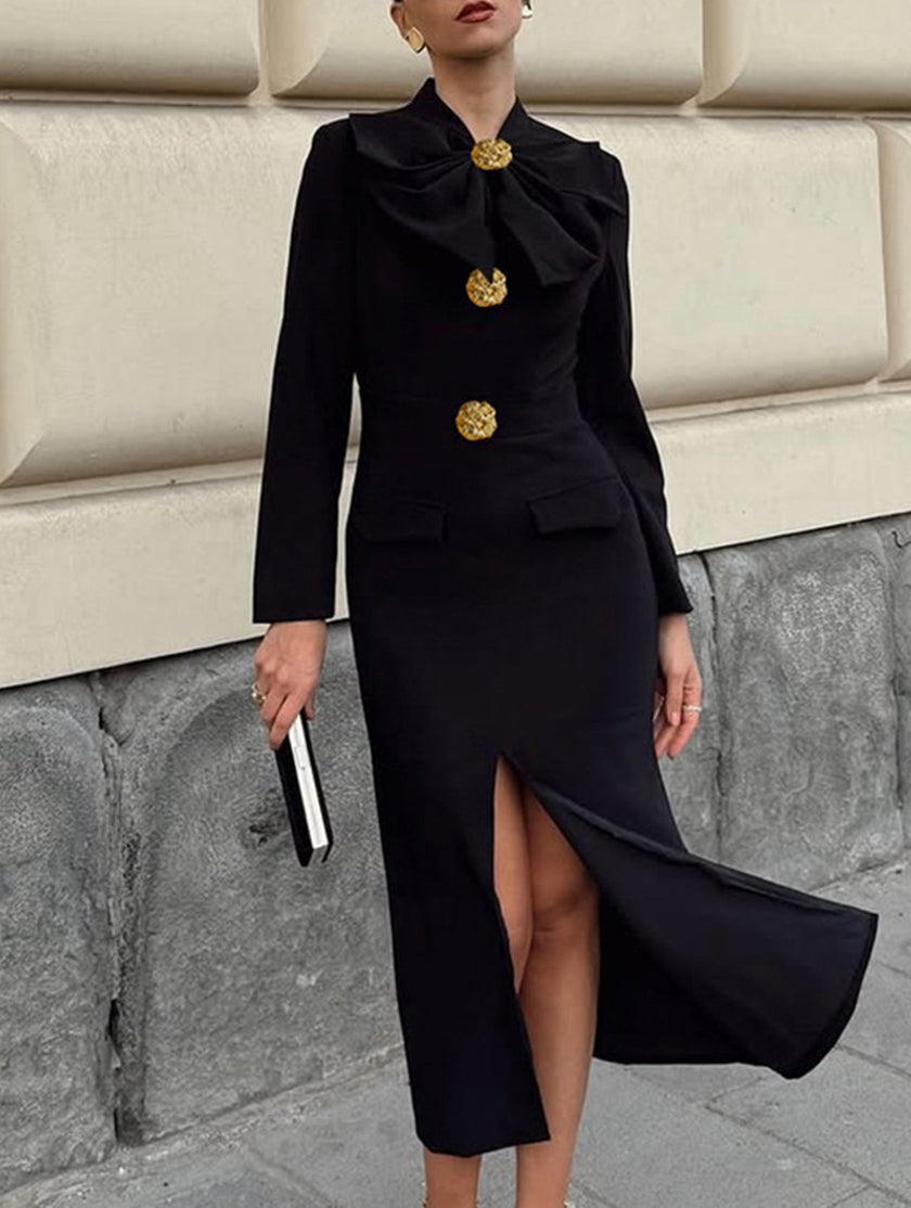 Black FJØRNA V-neck dress with bow waist-cinching design, elegant style, and flattering fit.