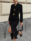 Black FJØRNA V-neck bow waist dress with a fitted silhouette and elegant design, perfect for stylish occasions.