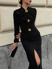 Black FJØRNA V-neck bow waist-cinching dress with elegant silhouette, featuring a fitted waist and stylish design.